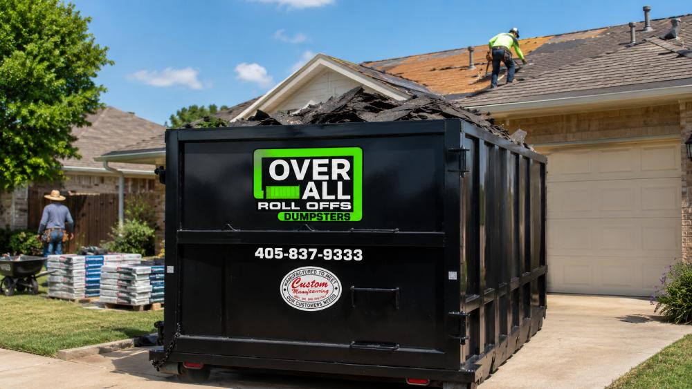 Roofing project with dumpster and workers
